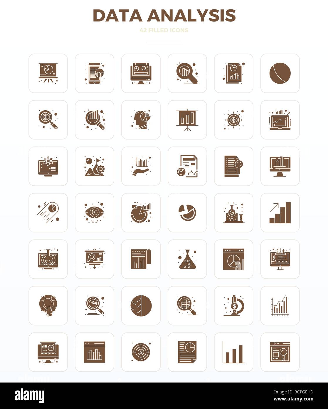 Sorgfältig gefertigte 42 SolidFill Vektorsymbole für Datenanalyse, in perfekter Qualität mit 128x128 PIXELN für kompromisslose Designstandards. Stock Vektor