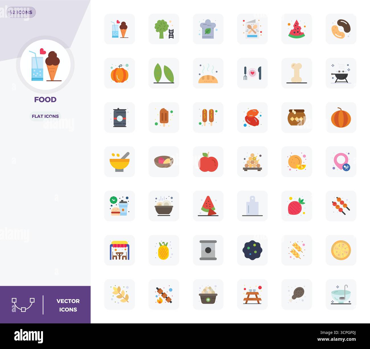 Ausgeklügeltes Paket mit 42 flachen Vektorsymbolen für Lebensmittel, entwickelt mit 128x128 PIXELN perfekte Klarheit für professionelle Anwendungen. Stock Vektor