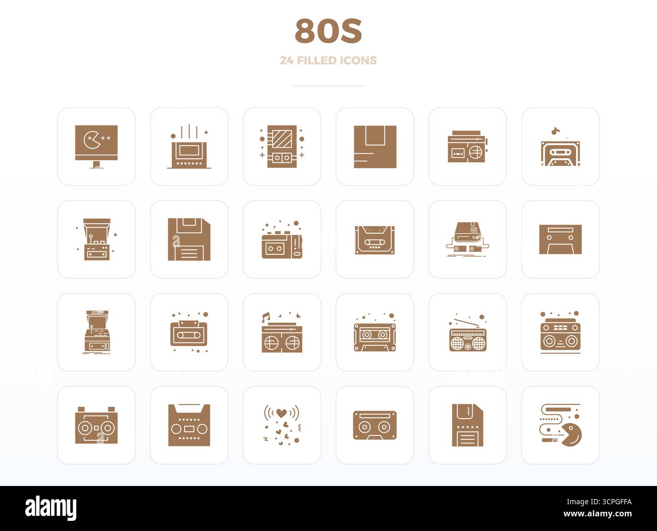 Durchdacht gestaltete 24 Vektorsymbole rund um 80S, gefertigt in SolidFill mit 128x128 PIXELN, perfekter Präzision für moderne Designanforderungen. Stock Vektor