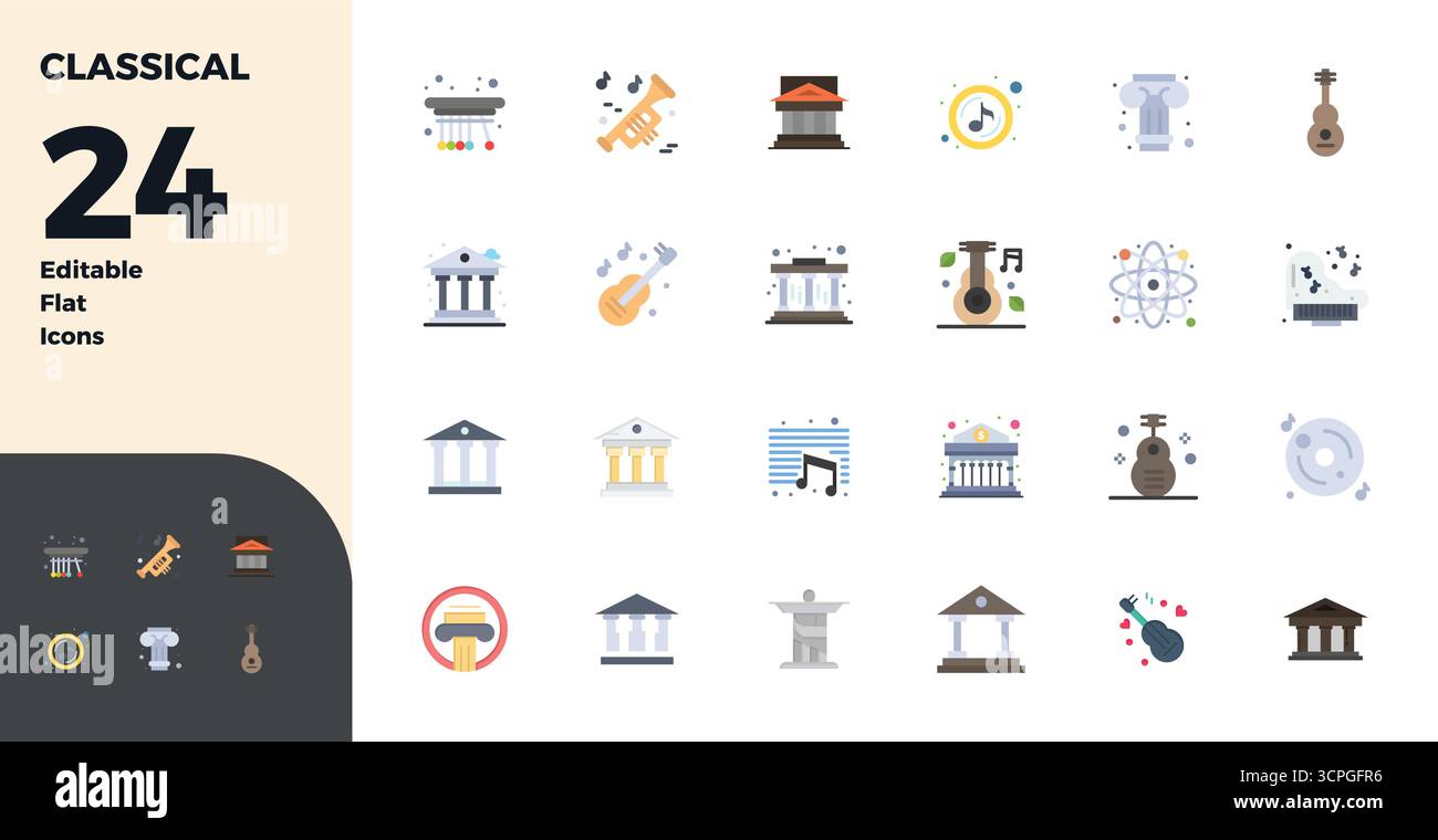 Sorgfältig gefertigte 24 flache Vektorsymbole für Klassik, geliefert in 128x128 PIXEL perfekter Qualität für kompromisslose Designstandards. Stock Vektor