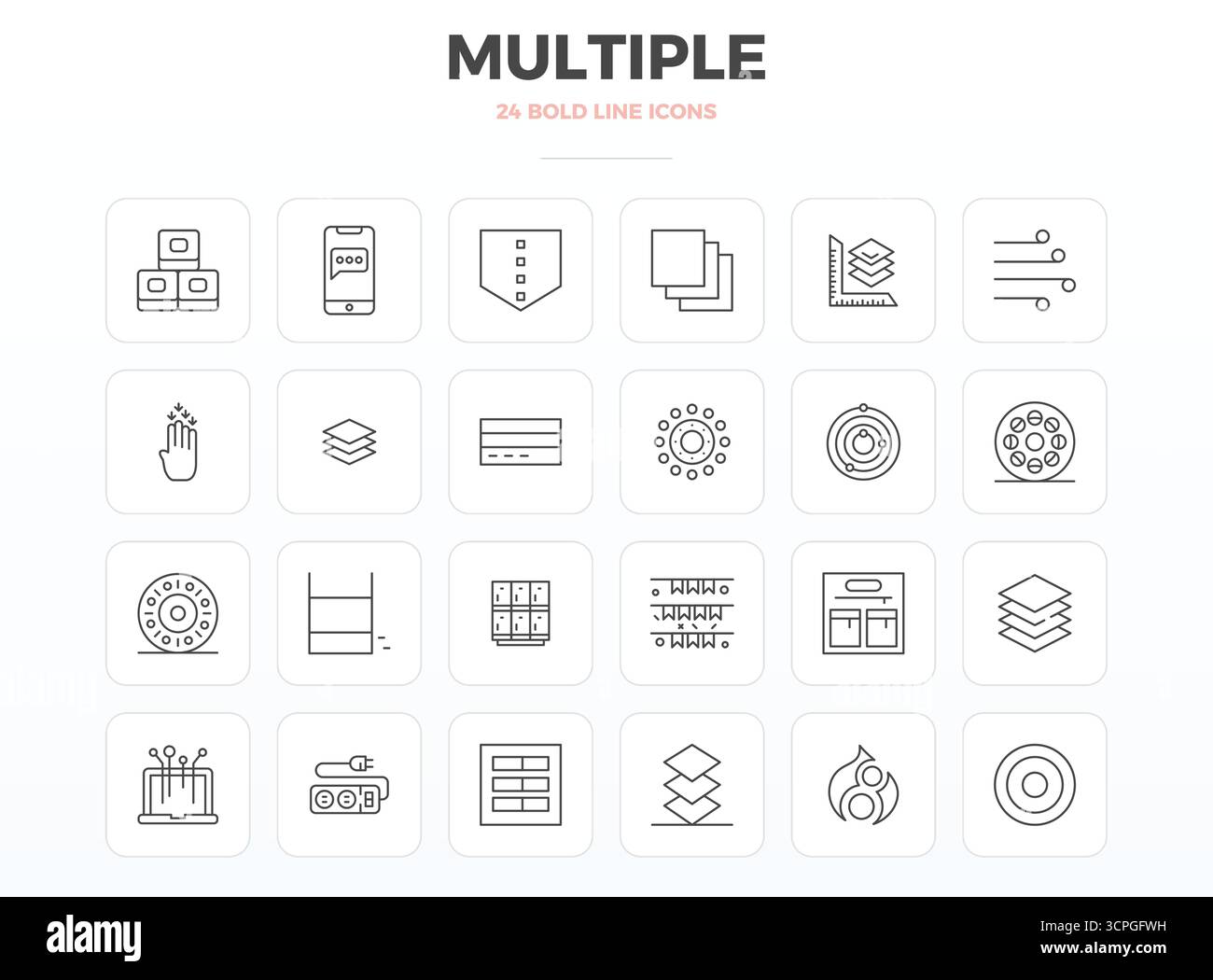 Präzise entwickelte 24 starke Konturvektorsymbole für mehrere, mit einer perfekten Auflösung von 128x128 PIXELN für außergewöhnliche Klarheit und Skalierbarkeit Stock Vektor