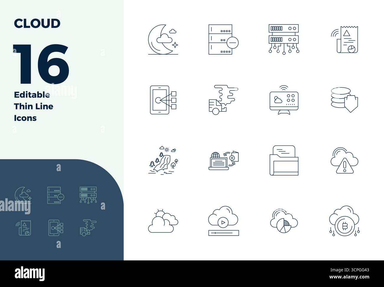Zukunftsweisendes Paket mit 16 Vektorsymbolen rund um die Cloud, das Thin Line Design mit 128x128 PIXELN für eine innovative Benutzeroberfläche präsentiert Stock Vektor