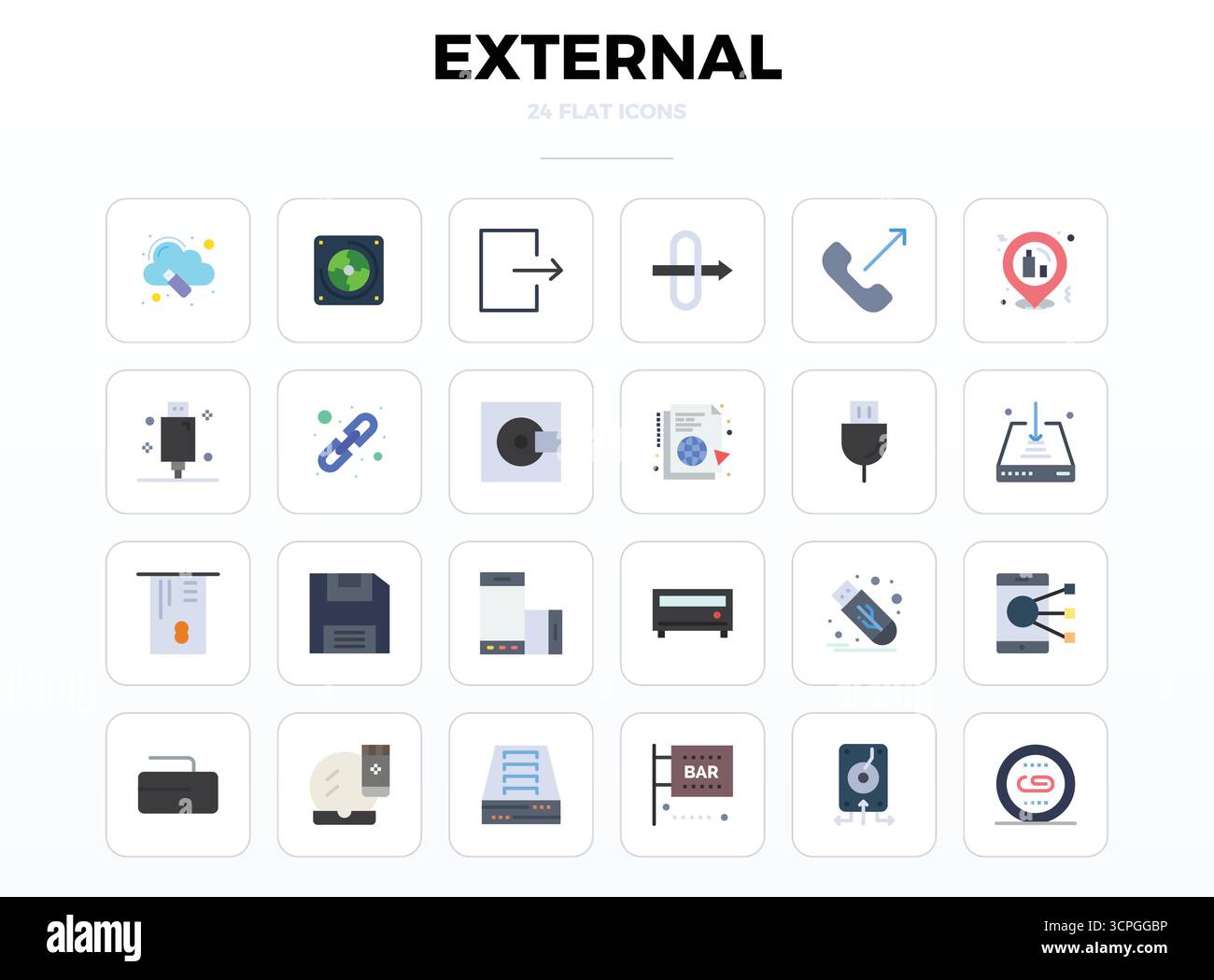 Entdecken Sie 24 perfekte Vektorsymbole mit minimalen flachen PIXELN in einer Auflösung von 128x128, inspiriert von External. Perfekt für Web- und App-Schnittstellen. Stock Vektor