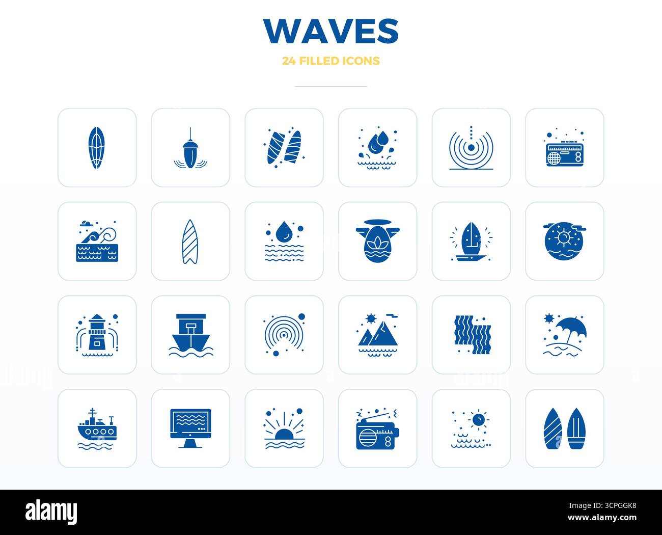 Erweiterte Sammlung von 24 PIXEL Perfect Vektor-Symbolen, inspiriert von Wellen, in SolidFill mit 128x128-Optimierung für überragende visuelle Leistung Stock Vektor