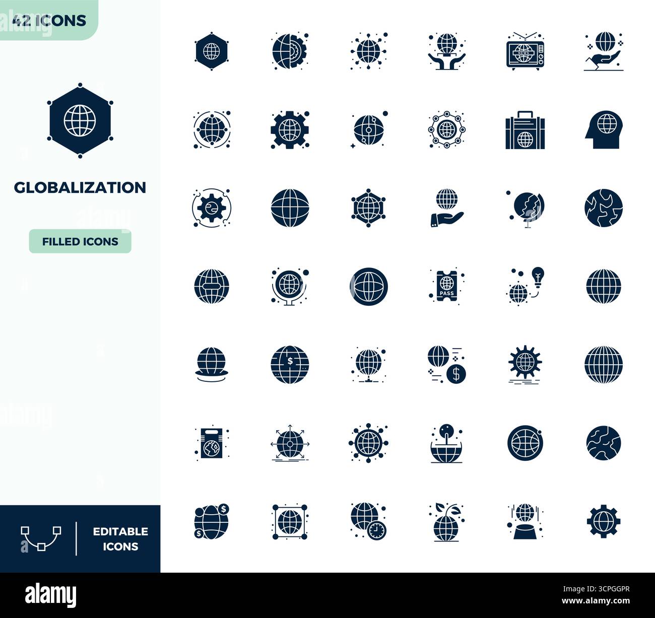 Ausgeklügeltes Paket mit 42 gefüllten Vektorsymbolen für die Globalisierung, entwickelt mit 128x128 PIXELN perfekte Klarheit für professionelle Anwendungen. Stock Vektor
