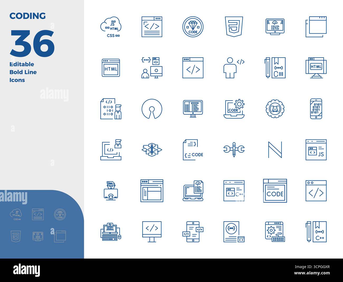Komplettpaket mit 36 Vektorsymbolen rund um die Codierung, das Bold Line-Design in 128x128 PIXEL perfekt für moderne Schnittstellen präsentiert. Stock Vektor