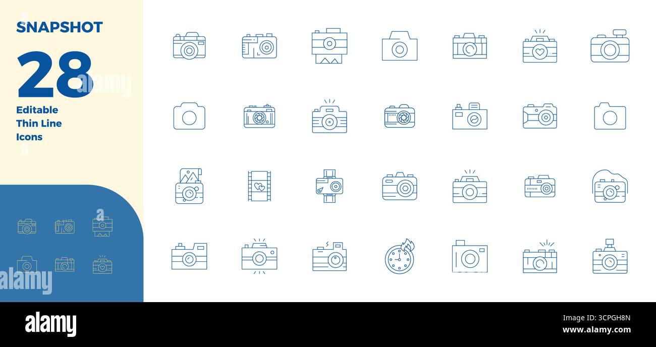 Perfekt ausbalancierte 28 Thin Line PIXEL perfekte Vektorsymbole für Snapshot, Größe 128x128 für harmonische Integration in digitale Designprojekte. Stock Vektor
