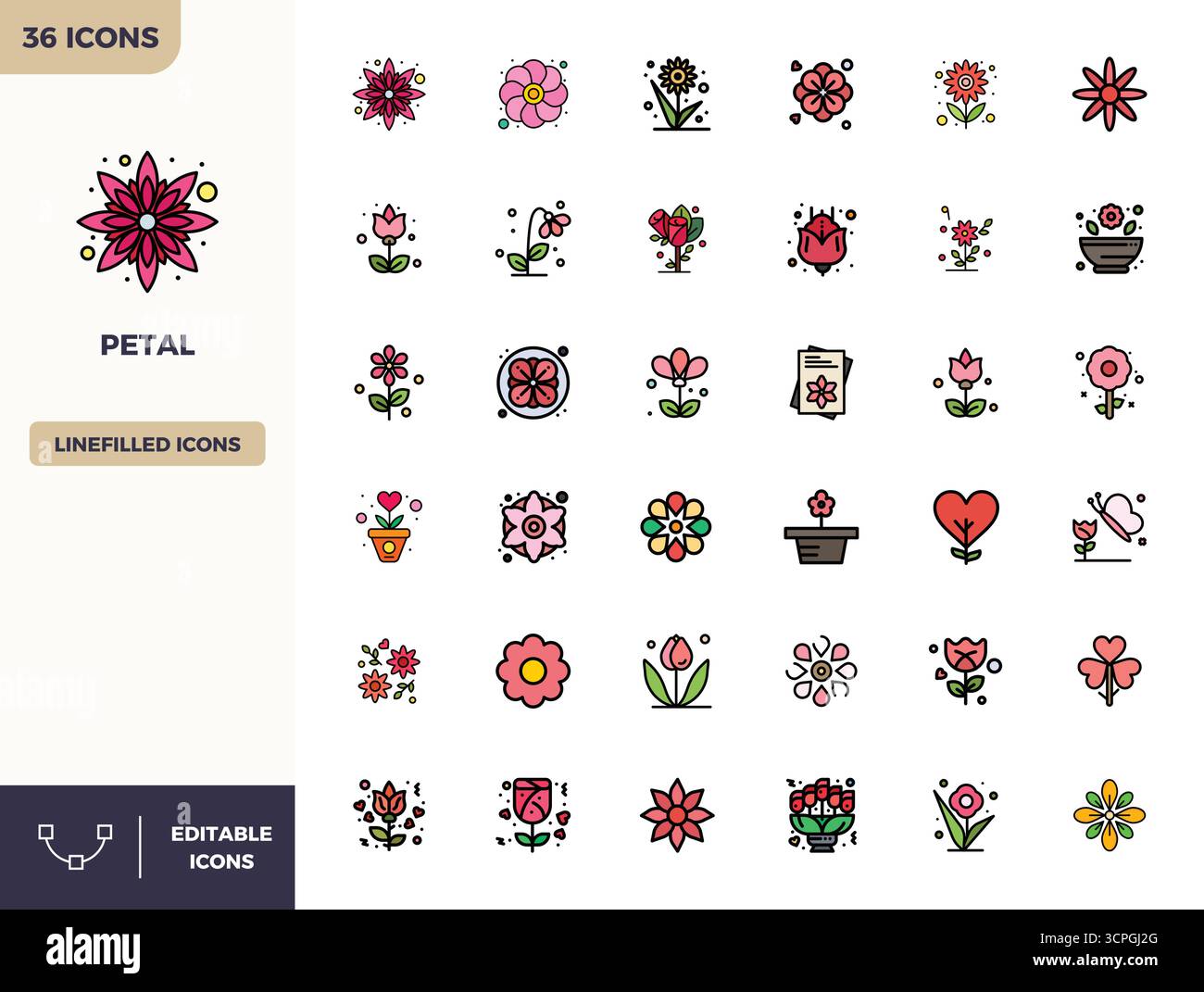 Eine übersichtliche Sammlung von 36 flachen linearen Farbvektoren, die Blütenblatt darstellen, im perfekten Format mit 128x128 PIXELN für moderne Dashboards und Interfa Stock Vektor