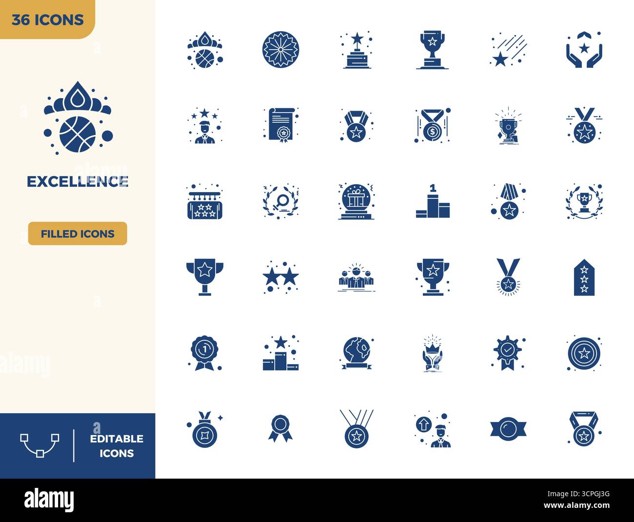 Strategisches Paket mit 36 Vektorsymbolen, die Exzellenz im gefüllten Format repräsentieren, optimiert mit 128x128 PIXELN perfekte Qualität für professionelle Arbeit Stock Vektor