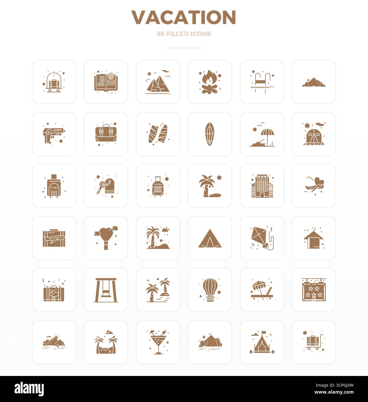 Außergewöhnliche Sammlung von 36 SolidFill Vektorsymbolen für Urlaub, geliefert in einer perfekten Auflösung von 128x128 PIXELN für unvergleichliche visuelle Exzellenz und Stock Vektor