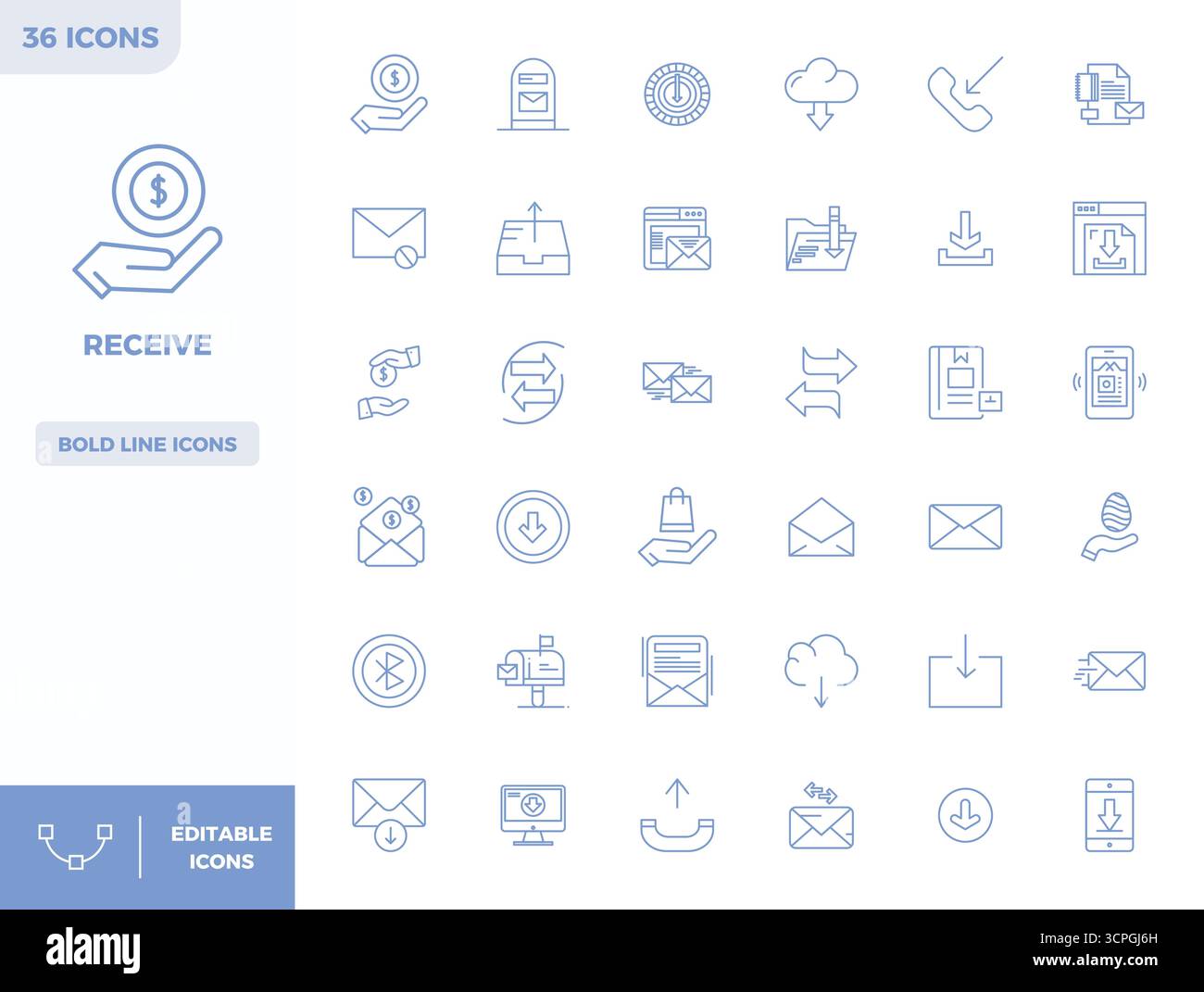 Innovatives Paket mit 36 Vektorsymbolen rund um Receive, das Heavy Line Design im perfekten Format mit 128x128 PIXELN für moderne digitale Lösungen präsentiert. Stock Vektor