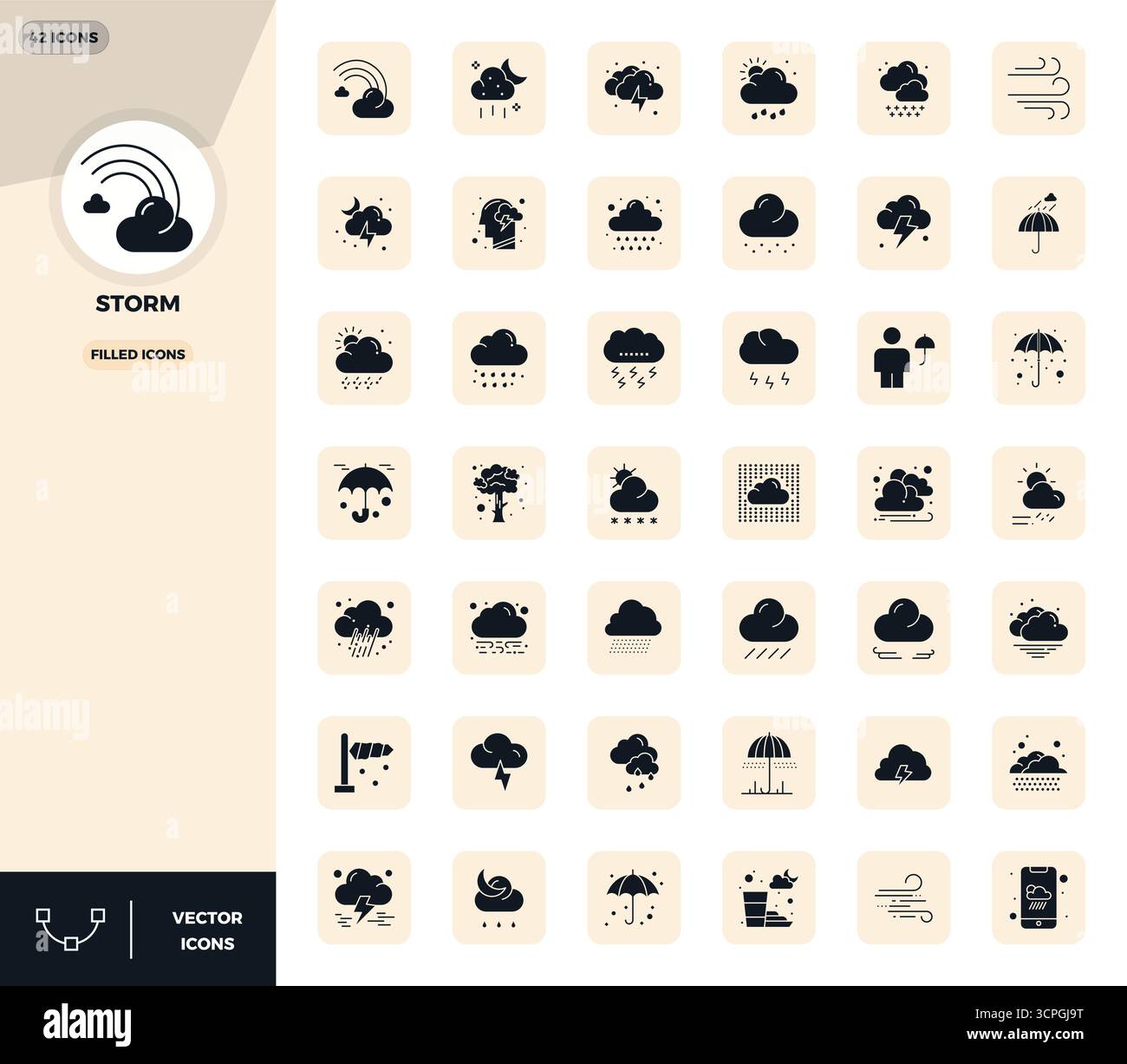 Umfassendes Paket mit 42 Vektorsymbolen im gefüllten Design für Storm, in gestochen scharfer Qualität mit 128x128 PIXELN. Stock Vektor