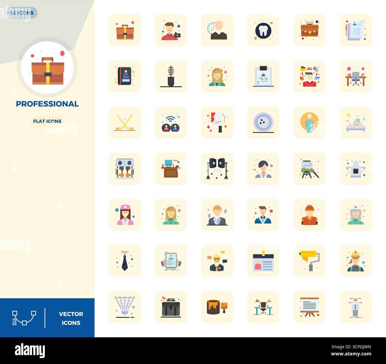 Innovatives Paket mit 42 Vektorsymbolen rund um Professional mit flachem Design im perfekten Format mit 128x128 PIXELN für moderne digitale Lösungen. Stock Vektor
