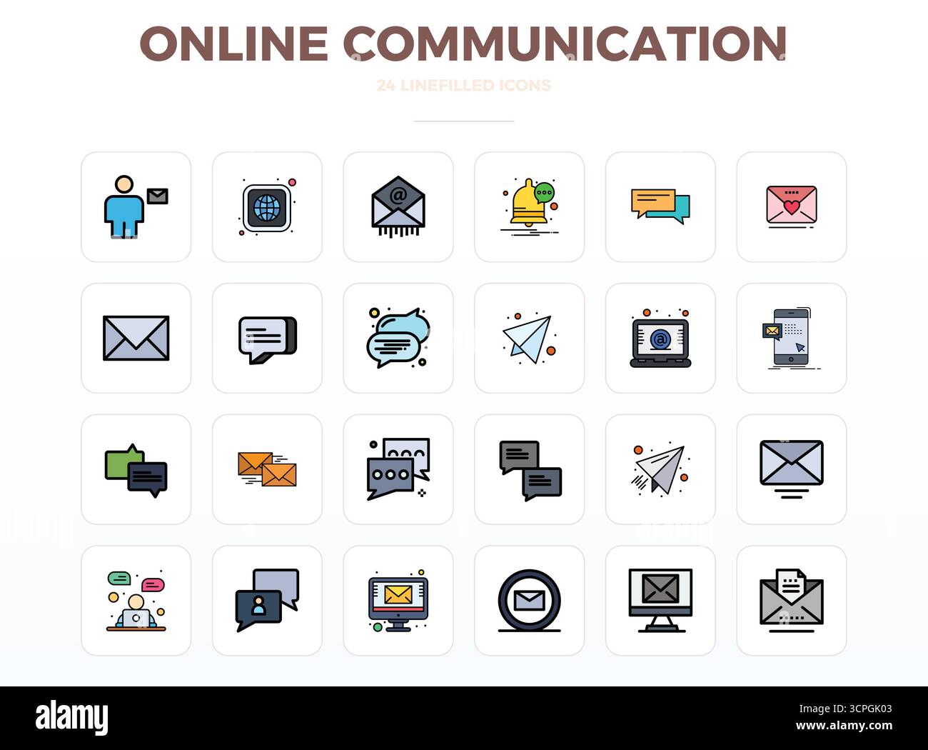 Umfassendes Toolkit mit 24 Vektorsymbolen rund um die Online-Kommunikation, entwickelt in LineFill mit 128x128 PIXEL perfekter Präzision für vielseitige Anwendungen Stock Vektor
