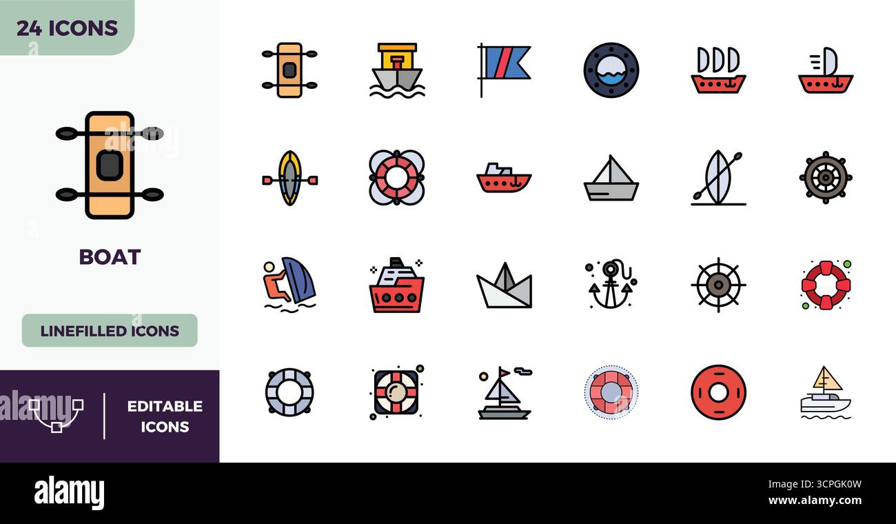 Außergewöhnliche Sammlung von 24 flachen, linearen Farbvektoren für Boote, mit einer perfekten Auflösung von 128x128 PIXELN für unvergleichliche visuelle Exzellenz Stock Vektor