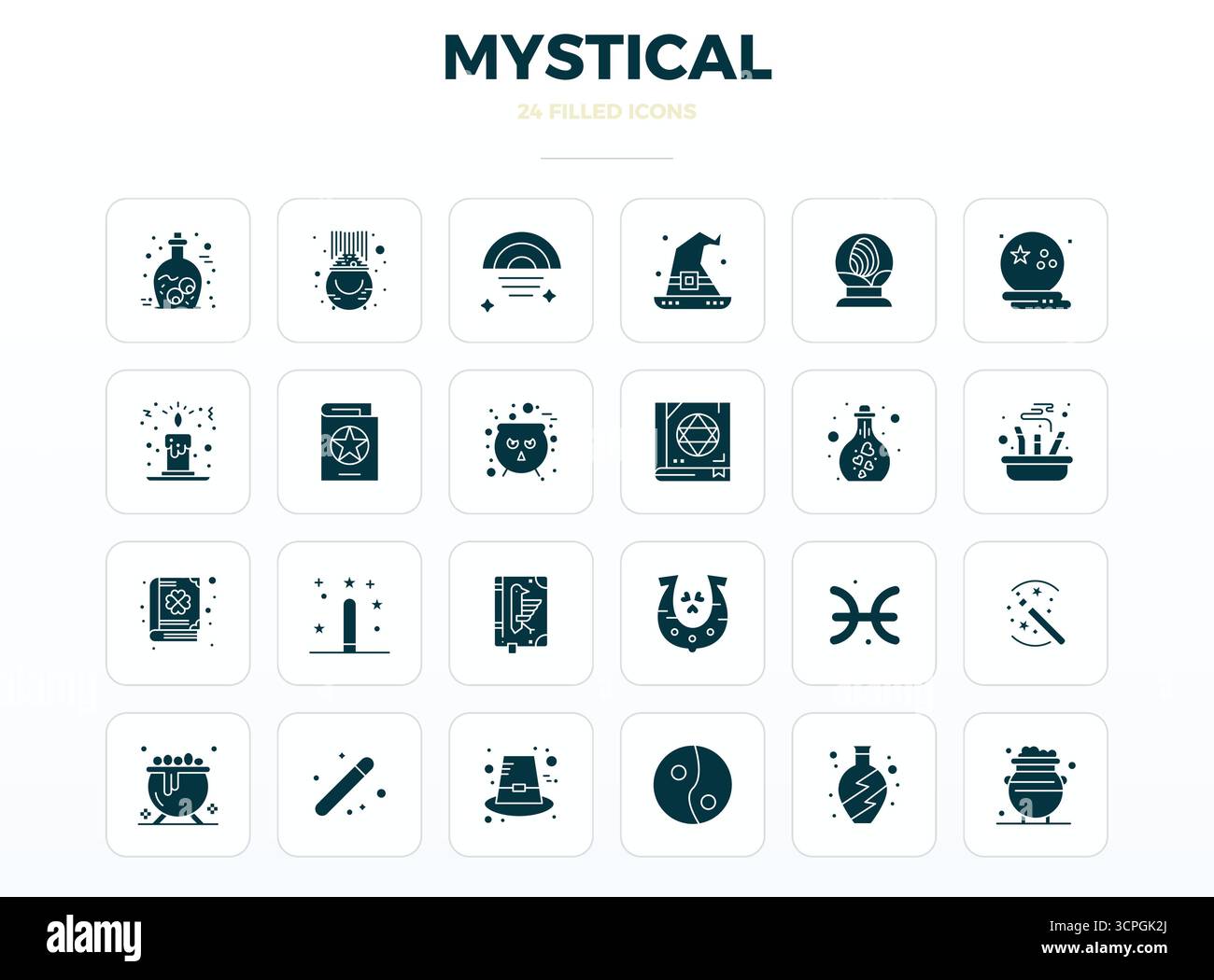 Umfassendes Toolkit mit 24 Vektorsymbolen, die sich um Mystical drehen, entwickelt in SolidFill mit 128x128 PIXELN perfekter Präzision für vielseitige Konstruktionsanwendungen Stock Vektor