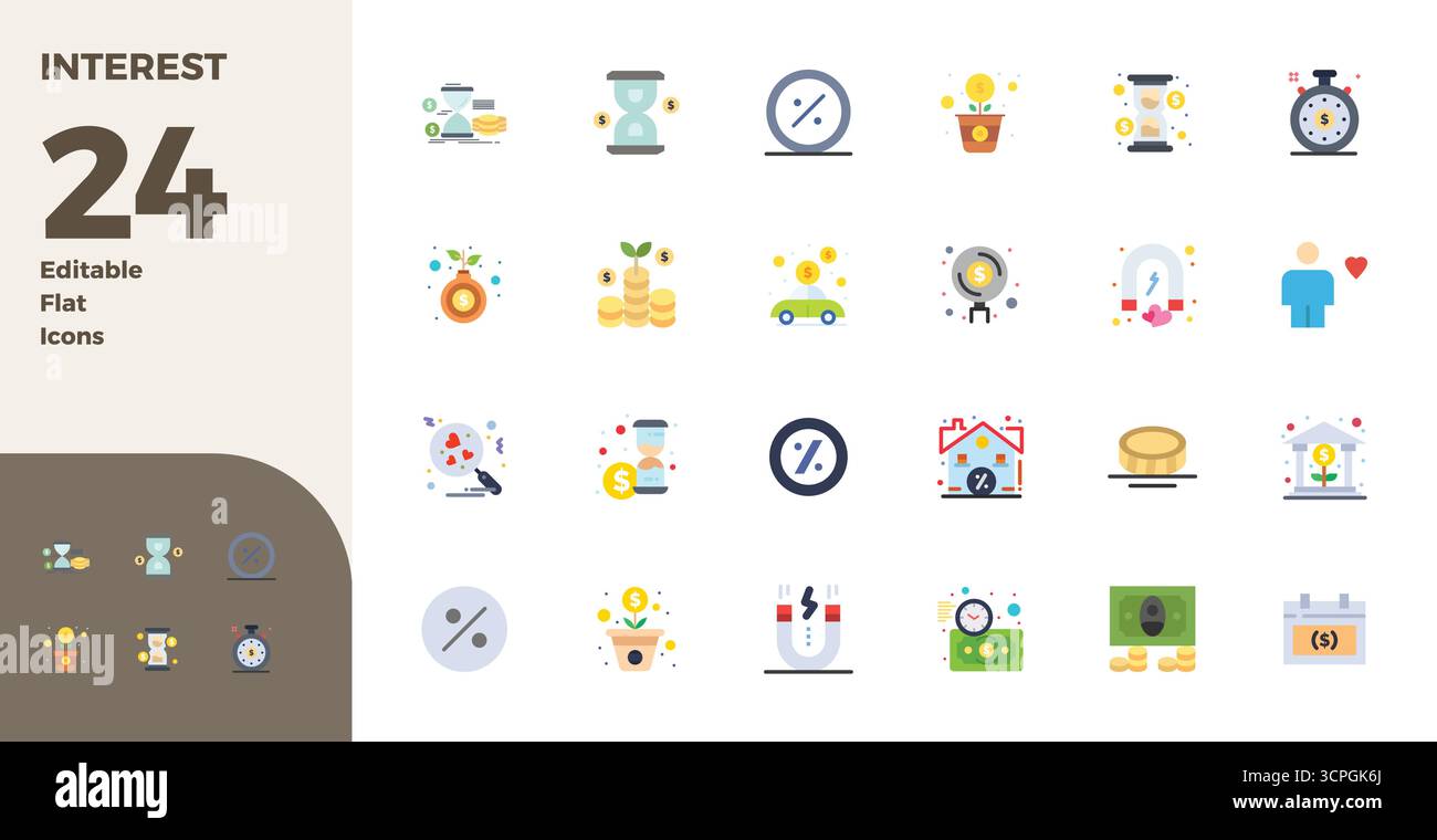 Hochleistungsfähige Sammlung von 24 flachen Vektorsymbolen für Interesse, entwickelt mit einer perfekten Auflösung von 128x128 PIXELN für ein optimales Design der Benutzeroberfläche. Stock Vektor