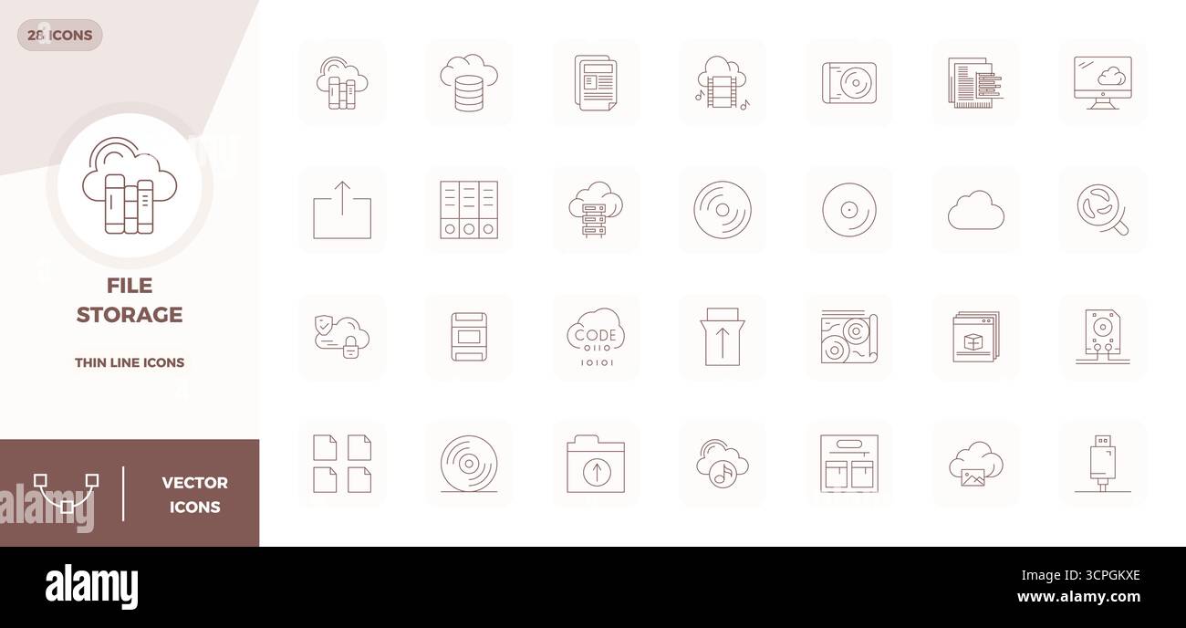 Entdecken Sie 28 Thin Line PIXEL Perfect Vektorsymbole in einer Auflösung von 128x128, inspiriert von Dateispeicherung. Perfekt für Web- und App-Schnittstellen. Stock Vektor