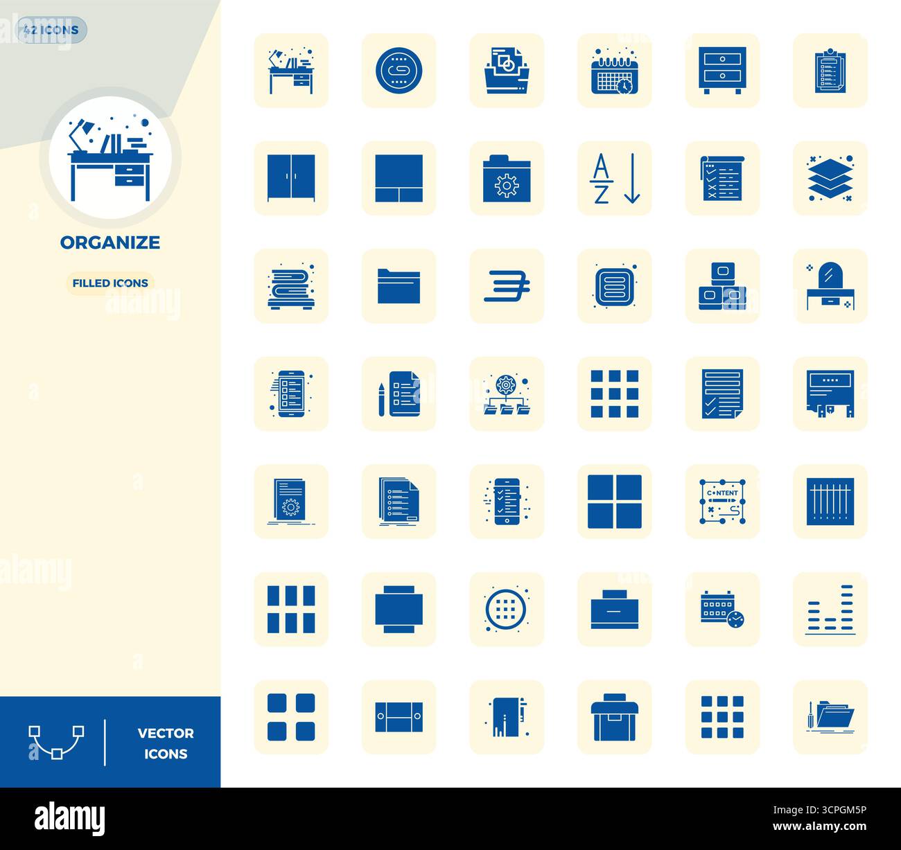 Revolutionärer Satz von 42 PIXEL Perfect Vektorsymbolen, inspiriert von Organize, erstellt im gefüllten Format mit einer Auflösung von 128x128 für modernstes Design. Stock Vektor