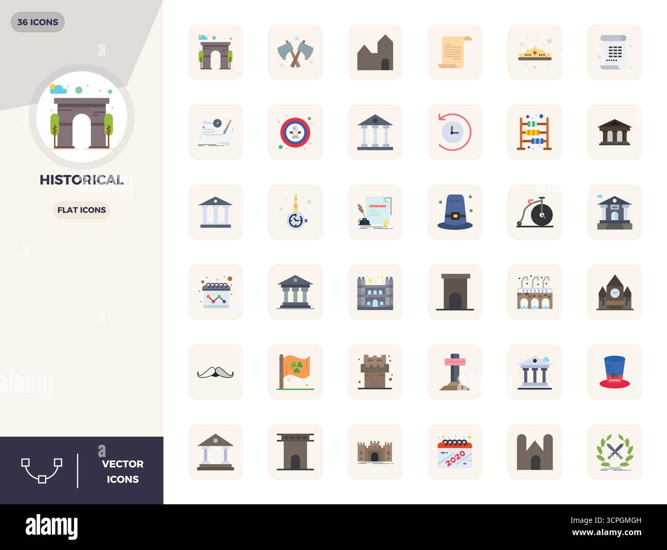 Optimieren Sie Ihre Projekte mit 36 flachen Vektorsymbolen, die sich um historische Objekte drehen, mit einer perfekten Auflösung von 128x128 PIXELN, ideal für saubere und professionelle Anwendungen Stock Vektor