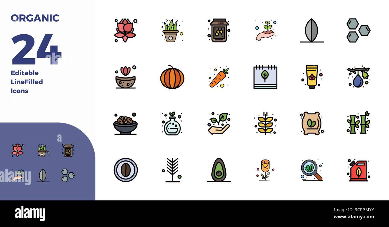 Exklusive Sammlung von 24 Duotone-Vektorsymbolen für Organic, entwickelt mit einer perfekten Auflösung von 128x128 PIXELN für erstklassige Markenerlebnisse. Stock Vektor