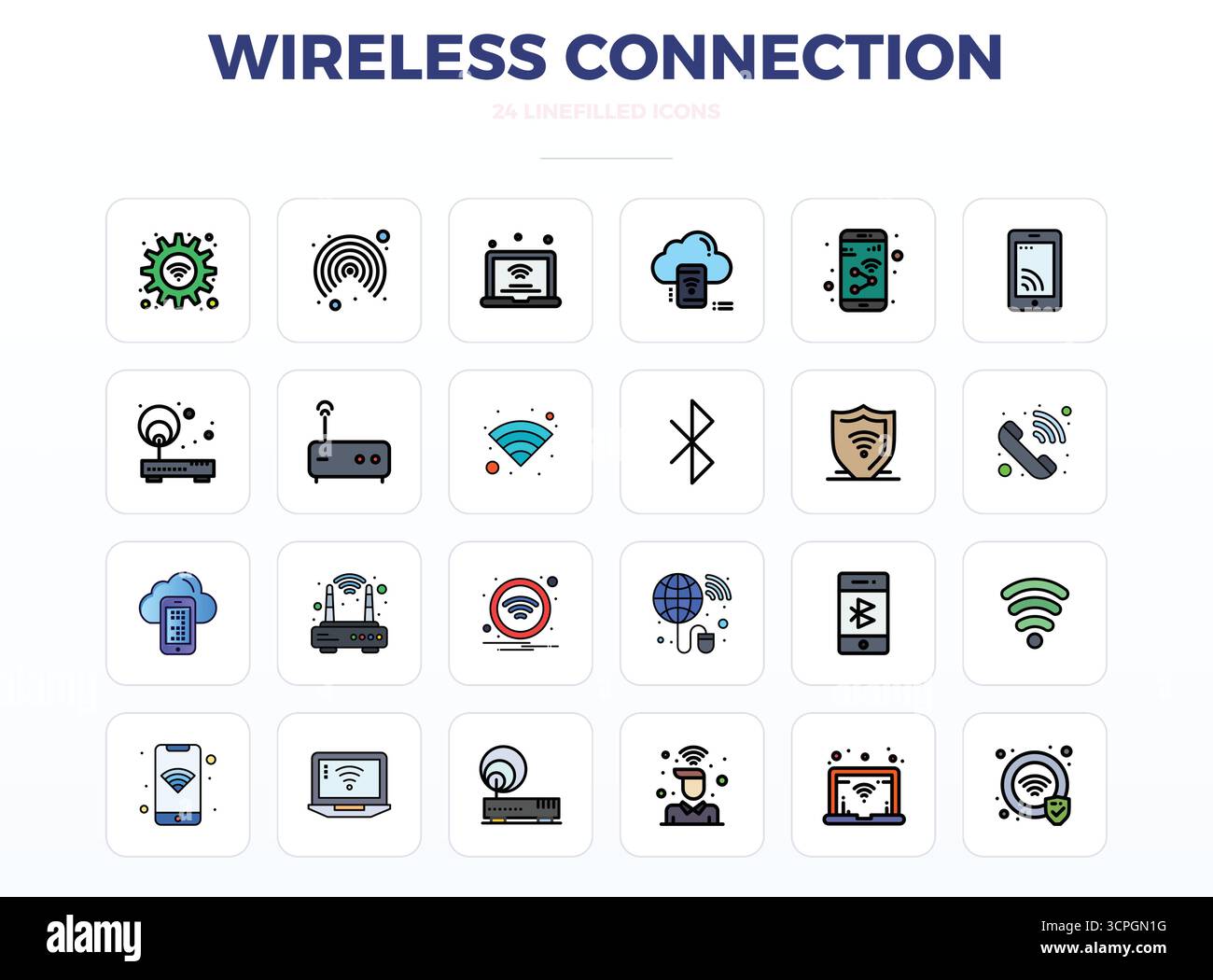 Zukunftsweisendes Paket mit 24 Vektorsymbolen rund um Wireless Connection mit LineFill-Design mit 128x128 PIXELN für innovative u Stock Vektor