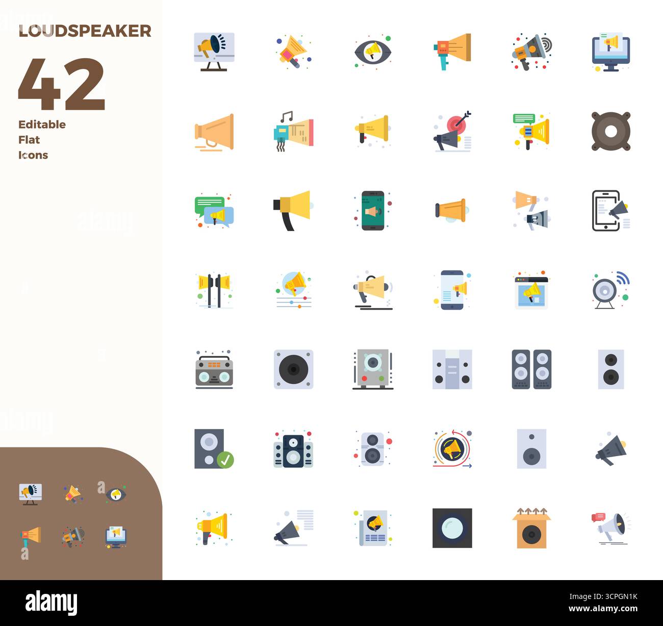 Ausgeklügeltes Paket mit 42 flachen Vektorsymbolen für Lautsprecher, entwickelt mit 128x128 PIXELN perfekte Klarheit für professionelle Anwendungen. Stock Vektor