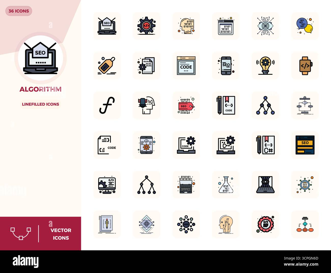 Branchenführendes Paket mit 36 LineFilled PIXEL Perfect Vektorsymbolen für Algorithmen, Größe 128x128 für optimales Rendering und hervorragende Benutzeroberflächen. Stock Vektor