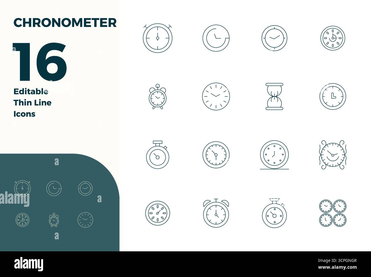 Umfassendes Paket mit 16 Vektorsymbolen im Thin Line-Design für Chronometer in gestochen scharfer Qualität mit 128x128 PIXELN. Stock Vektor