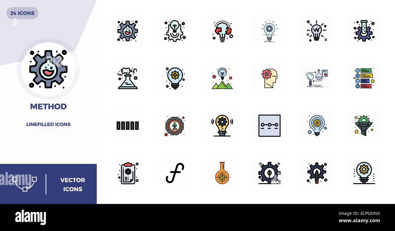 Verwandeln Sie Ihre Designs mit 24 LineFilled Vektorsymbolen rund um Method, die in einer perfekten Auflösung von 128x128 PIXELN für maximale Klarheit entwickelt wurden. Stock Vektor