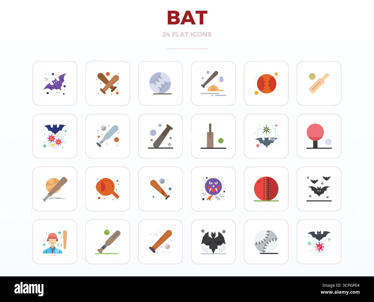 Innovatives Paket mit 24 Vektorsymbolen rund um bat mit minimalem Flat-Design im perfekten Format mit 128x128 PIXELN für moderne digitale Lösungen. Stock Vektor
