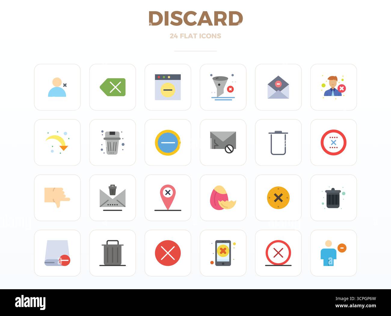 Optimierter Satz von 24 Vektorsymbolen für die Entsorgung in minimaler Flat-Ästhetik, mit einer perfekten Auflösung von 128x128 PIXELN für ein nahtloses Benutzererlebnis. Stock Vektor