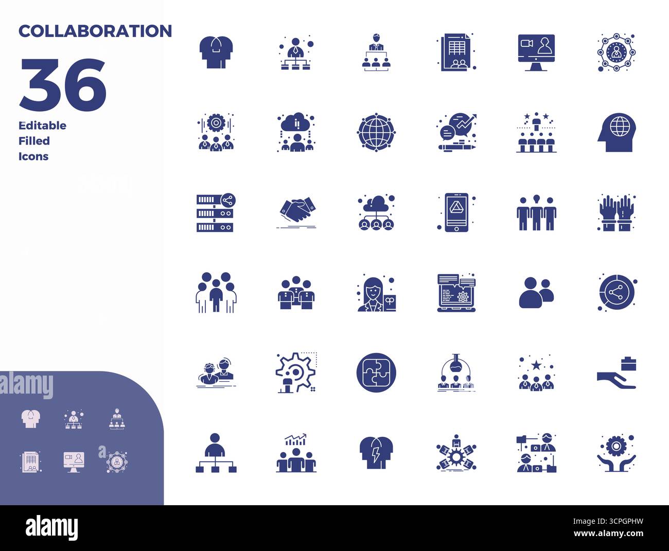 Sorgfältig kuratierte 36 Glyph-gefüllte Vektorsymbole für die Zusammenarbeit, mit einer perfekten Auflösung von 128x128 PIXELN für eine konsistente Markendarstellung und u Stock Vektor