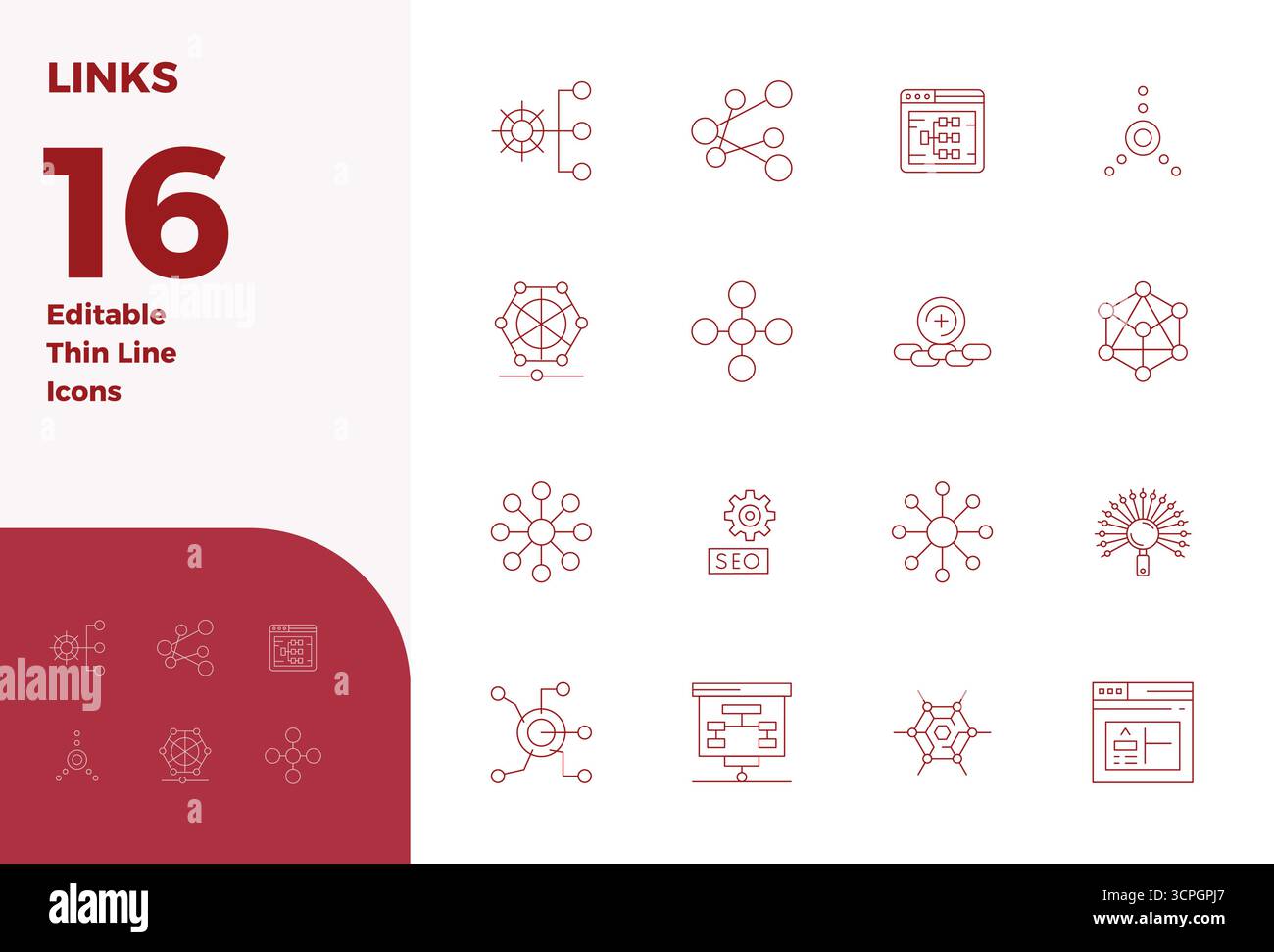 Dieses Links Vektor-Icon-Paket enthält 16 Thin Line Designs im perfekten Format mit 128x128 PIXELN, perfekt für die Verbesserung digitaler Schnittstellen. Stock Vektor