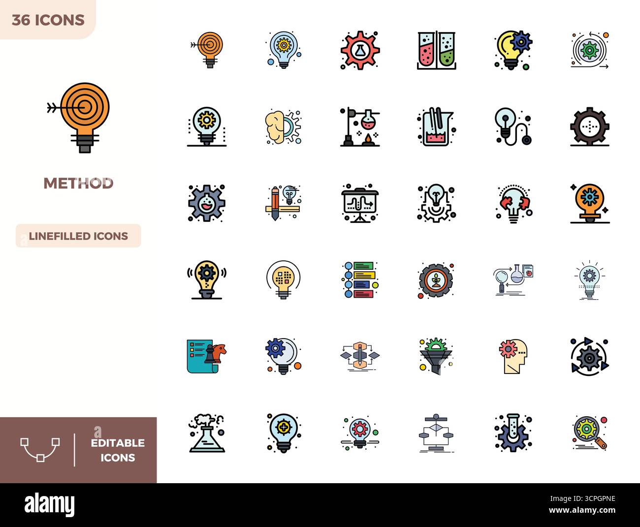 Präzise entwickelte 36 flache lineare Farbvektorsymbole für Method, entwickelt mit einer perfekten Auflösung von 128x128 PIXELN für außergewöhnliche Klarheit und Skalierbarkeit Stock Vektor