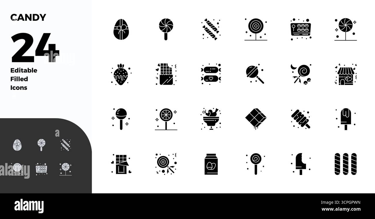 Laden Sie 24 skalierbare Glyph-gefüllte Vektorsymbole herunter, die für Candy entwickelt wurden und eine PIXEL-perfekte 128x128-Auflösung bieten, die für professionelle und kreative Anwendungen geeignet ist Stock Vektor