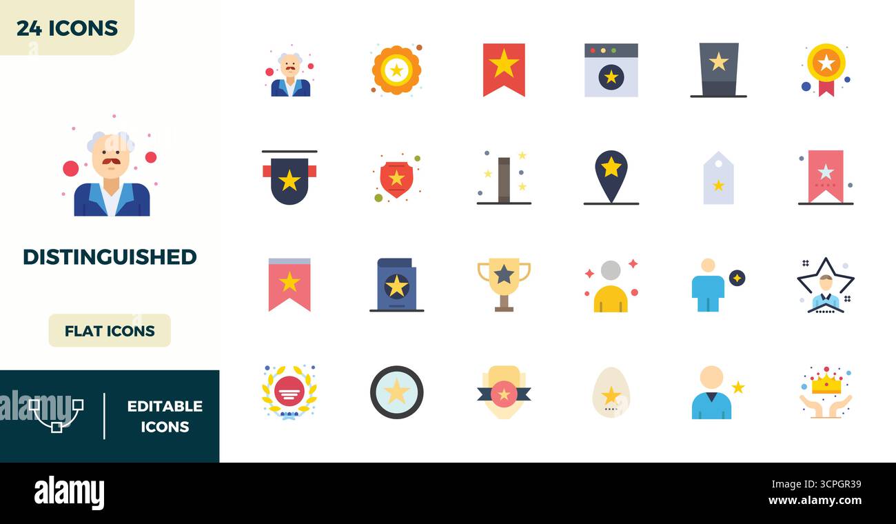 Umfassendes Toolkit mit 24 Vektorsymbolen, die sich um Distinguished drehen, entwickelt in Flat Color mit 128x128 PIXELN perfekter Präzision für vielseitige Desigts Stock Vektor