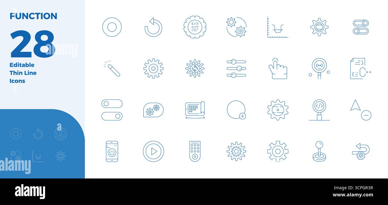 Fortschrittliche Sammlung von 28 PIXEL Perfect Vektor-Symbolen, inspiriert von Funktionen, in Thin Line mit 128x128-Optimierung für überragende visuelle Leistung Stock Vektor