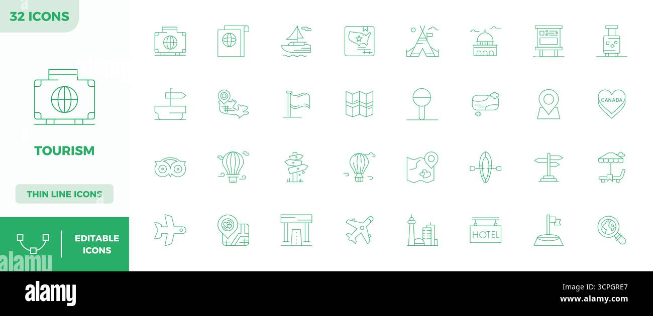 Leistungsstarke Sammlung von 32 Minimal Line Vektorsymbolen für Tourismus, entwickelt mit einer perfekten Auflösung von 128x128 PIXELN für optimale Benutzeroberfläche d Stock Vektor