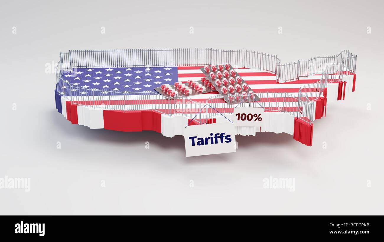 Konzept: Handelsprotektionismus der USA durch Einführung von 100 % Zöllen auf „pharmazeutische Produkte“. Ein Sicherheitszaun, der um eine Karte der USA gebaut wurde Stockfoto