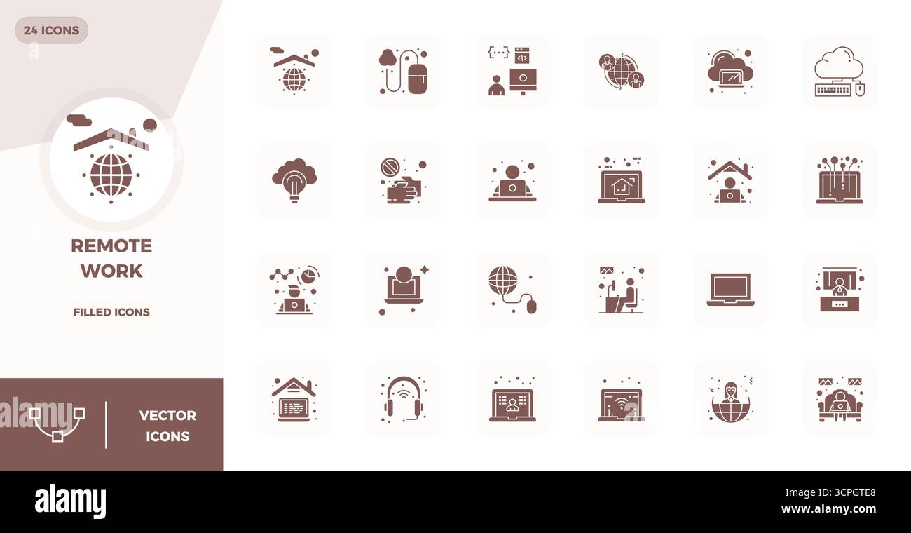 Hochmodernes Bundle mit 24 PIXELN perfekten Vektorsymbolen, inspiriert von Remote Work, erstellt im gefüllten Format mit 128x128 für Inter der nächsten Generation Stock Vektor