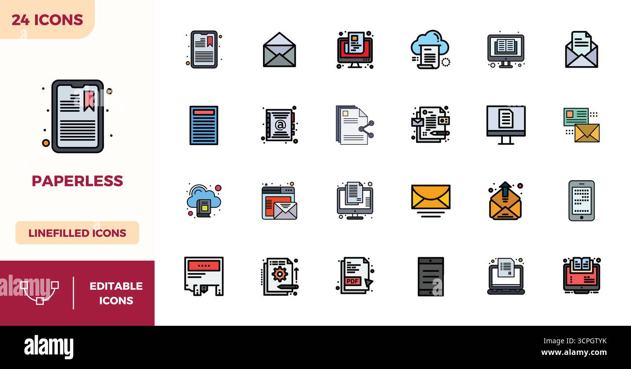 Außergewöhnliche Sammlung von 24 flachen linearen Farbvektorsymbolen für papierlos, mit einer perfekten Auflösung von 128x128 PIXELN für unvergleichliche visuelle Exzellenz Stock Vektor