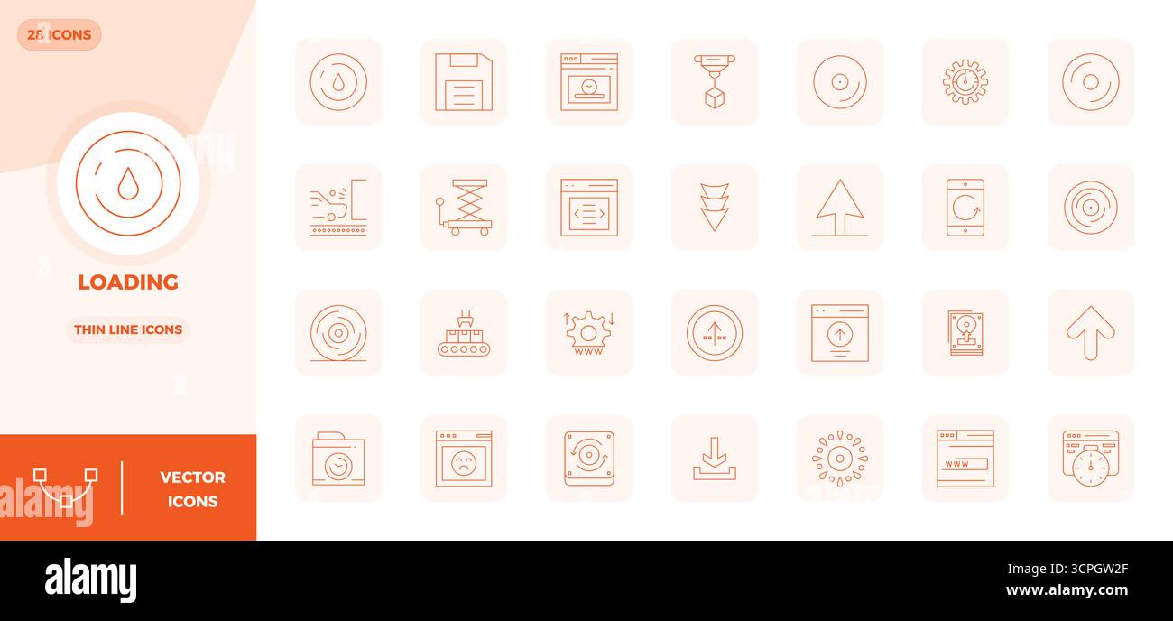 Ein dynamischer Satz von 28 Vektorsymbolen in Thin Line, speziell für das Laden mit 128x128 PIXELN, perfekt für digitale Produkte geeignet. Stock Vektor