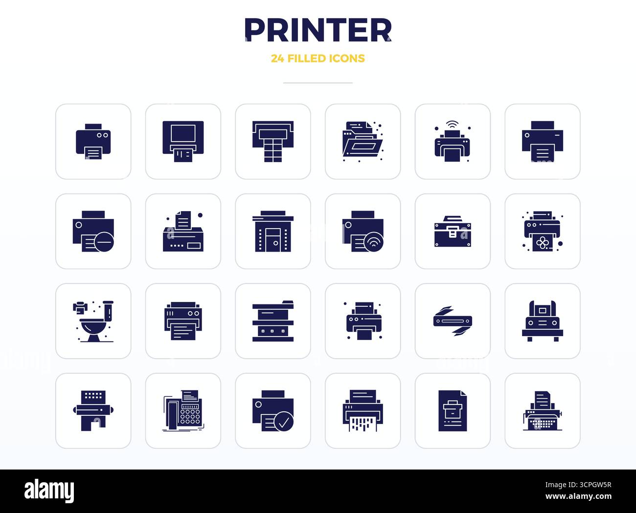 Zeitgenössische Sammlung von 24 Vektorsymbolen, die den Drucker in SolidFill-Ästhetik darstellen, mit einer perfekten Auflösung von 128x128 PIXELN für moderne Anwendungen Stock Vektor