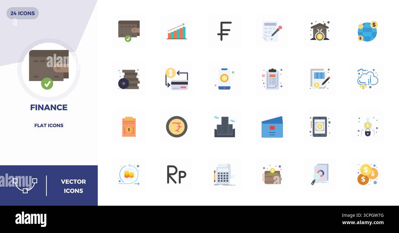 Umfassendes Paket mit 24 Vektorsymbolen im flachen Design für Finanzen, in gestochen scharfer Qualität mit 128x128 PIXELN. Stock Vektor