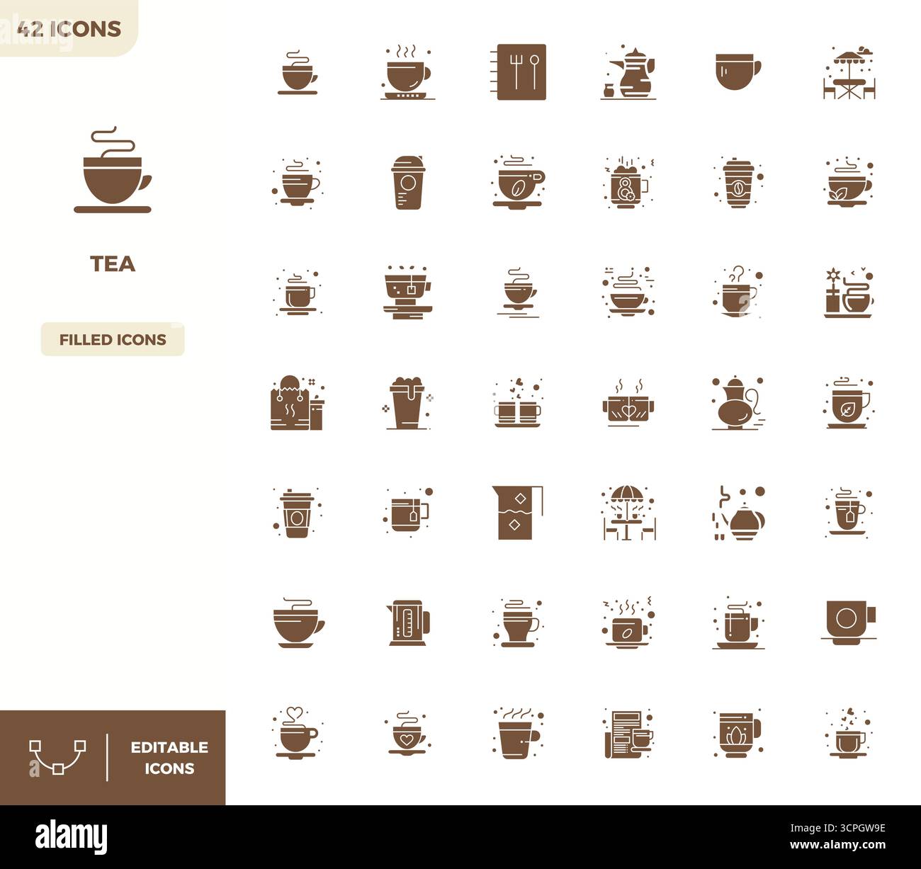 Professionelle Sammlung von 42 gefüllten Vektorsymbolen, die Tee darstellen, gefertigt mit 128x128 PIXELN, perfekter Präzision für Unternehmensanwendungen. Stock Vektor