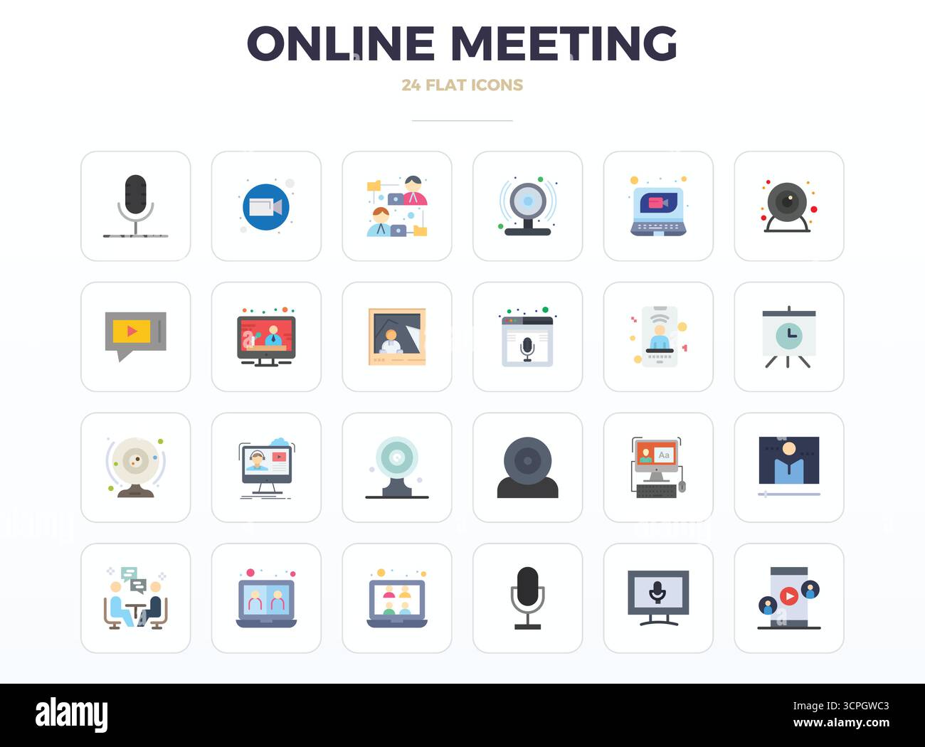 Exklusive Sammlung von 24 minimalen flachen Vektorsymbolen für Online Meeting, entwickelt mit einer perfekten Auflösung von 128x128 PIXELN für erstklassige Markenerlebnisse Stock Vektor