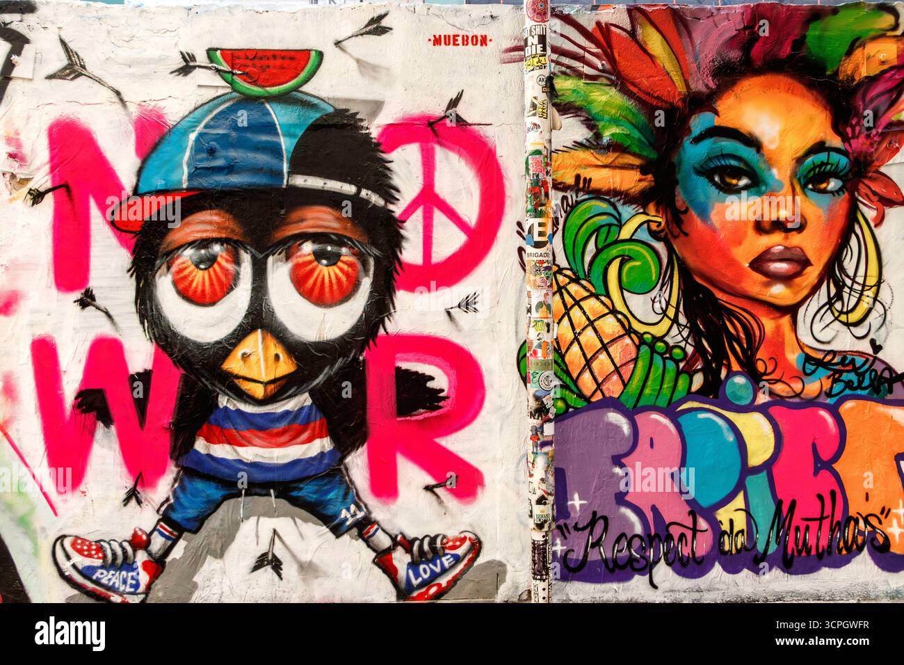 l Street Art Wandgemälde, das einen Zeichentrickvogel mit großen Augen zeigt, eine Frau mit Stammesgesicht und komplizierten Blumenmustern Freeman Alley, Lower East Side NYC Stockfoto