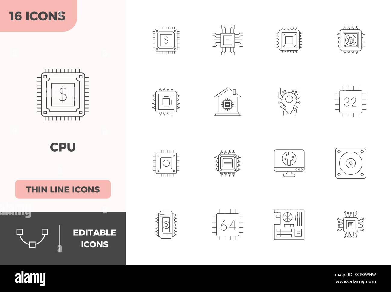 Optimierter Satz von 16 Vektorsymbolen für CPU in Minimal Line Ästhetik mit einer perfekten Auflösung von 128x128 PIXELN für nahtlose Benutzererfahrungen. Stock Vektor