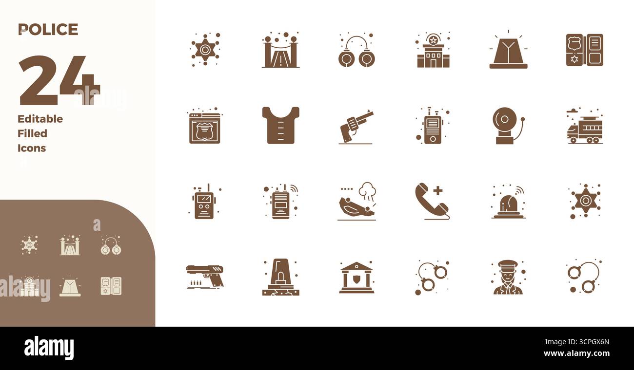 Handgefertigte Kollektion mit 24 Glyph-gefüllten Vektorsymbolen für Polizei, optimiert in einer perfekten Auflösung von 128x128 PIXELN für ein erstklassiges digitales Erlebnis Stock Vektor